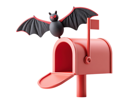 Open red mailbox with a textured black bat figure red eyes and spread wings for Halloween.