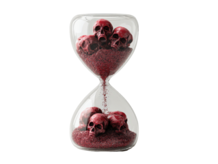 Macabre glass hourglass with red screaming skulls and glittering sand measuring the final moments.