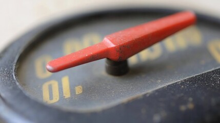Close-up of a retro speedometer featuring a vibrant red needle and aged gauge face indicating ten