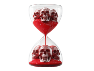 Macabre hourglass with glossy red skulls and flowing crimson sand symbolizing mortality.
