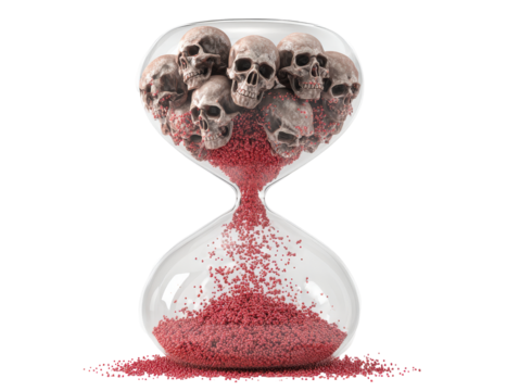 A macabre glass hourglass filled with weathered human skulls and flowing red granular sand symbolizing the passage of time and mortality.