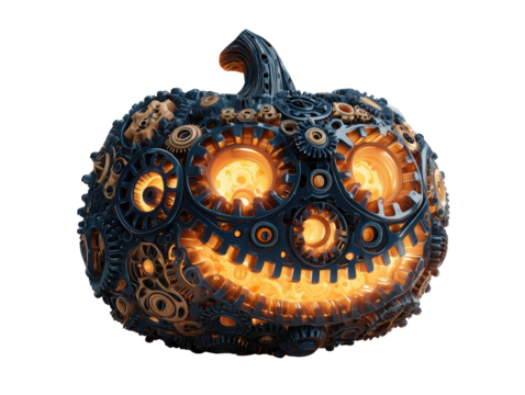 A complex steampunk jack-o-lantern made of interlocking dark and bronze gears glowing warmly from within.