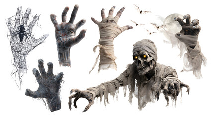 Set of spooky zombie and mummy hands with eerie glowing eyes and claw-like fingers on transparent background, perfect for Halloween decorations and horror designs