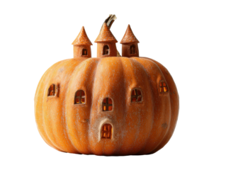 A whimsical orange pumpkin carved into a fairytale castle house with glowing windows and turrets on top.