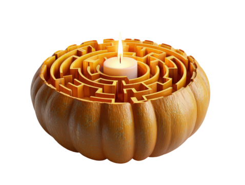 Intricate circular labyrinth carved into a textured orange pumpkin with a glowing candle at its center.