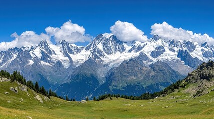 Fototapeta premium Stunning panoramic view of snow-capped mountains under a bright blue sky, surrounded by lush green meadows, ideal for travel blogs, outdoor adventure promotions, or wall art,