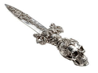 Ornate silver dagger featuring a detailed skull pommel and intricate floral scrollwork.