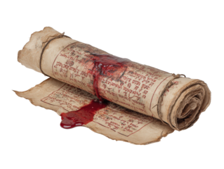Ancient rolled parchment manuscript with red lettering stained and dripping with fresh blood.