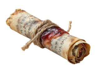 Ancient weathered parchment scroll with calligraphy tied with coarse rope and secured by a red wax seal.