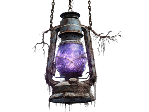 Weathered fantasy lantern with a magical purple glow hanging from rusty chains and overgrown with roots.
