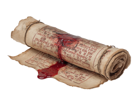 Ancient rolled parchment manuscript with red lettering stained and dripping with fresh blood.