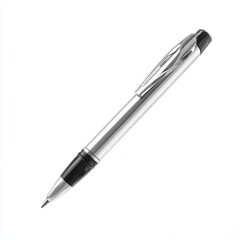A sleek chrome pen with a black grip, positioned at an angle against a white background, ideal for corporate branding, promotions, or articles about writing tools and stationery essentials,