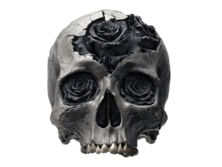Cracked metallic skull with a weathered texture revealing black roses blooming from its broken top and eye sockets.