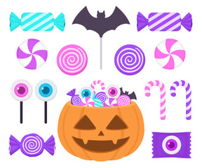 Vector set of various candies and Halloween pumpkin candy buckets