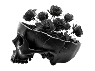 Monochromatic black skull cracked open with dark glossy roses blooming from within its fractured top.