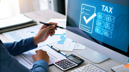 Professional accountant reviewing tax documents on computer screen, preparing financial reports in modern office setting