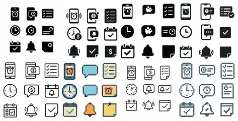 Time management outline icons set &ndash; clocks, notifications, planning essentials
