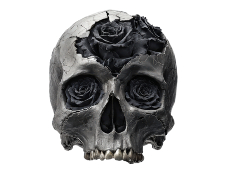 Cracked metallic skull with a weathered texture revealing black roses blooming from its broken top and eye sockets. - Powered by Adobe
