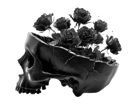 Monochromatic black skull cracked open with dark glossy roses blooming from within its fractured top.