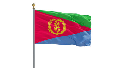 Waving national flag of Eritrea on flagpole against white background, symbol of Eritrean pride and patriotism