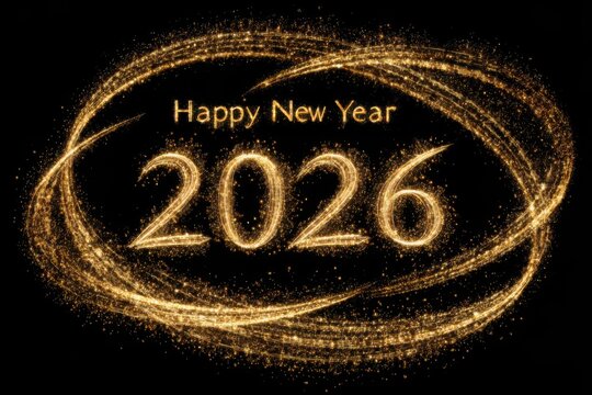 "Happy New Year 2026" written in glowing golden sparkler-style text with swirling light trails and sparkling particles on a black background, creating a festive and celebratory atmosphere