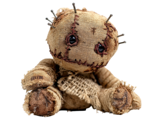 Creepy handmade burlap voodoo doll with a stitched face and metal nails piercing its head sitting down.