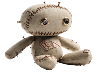 Creepy handmade burlap voodoo doll with stitched seams metal eyes and pins.