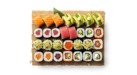 A diverse assortment of fresh Japanese sushi rolls and nigiri, with salmon, tuna, and avocado, presented on a bamboo mat against a clean white background