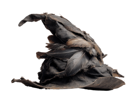 Ancient tattered black wizard hat with a crooked point and dark bird feathers.