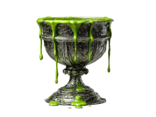A weathered ornate chalice overflowing with viscous dripping bright green slime.