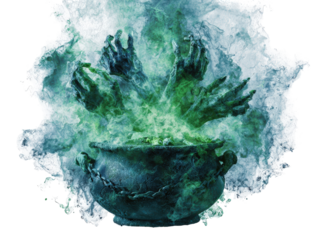 Decaying undead hands reaching from a weathered chained cauldron with glowing green and blue magical smoke.