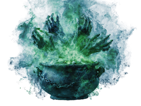 Decaying undead hands reaching from a weathered chained cauldron with glowing green and blue magical smoke.