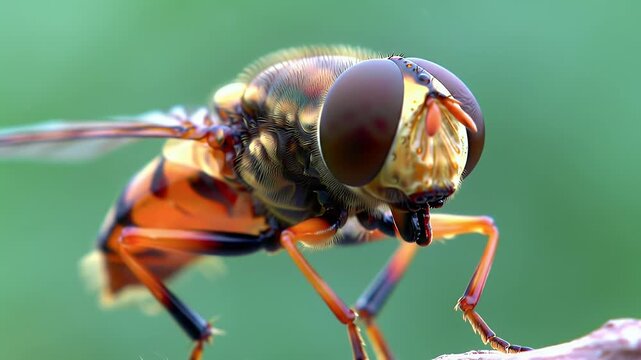 Detailed macro shot of a hoverfly, showcasing its large compound eyes and distinctive striped pattern on a green background.