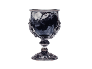 Ornate silver chalice with intricate gothic details filled with a swirling dark potion.