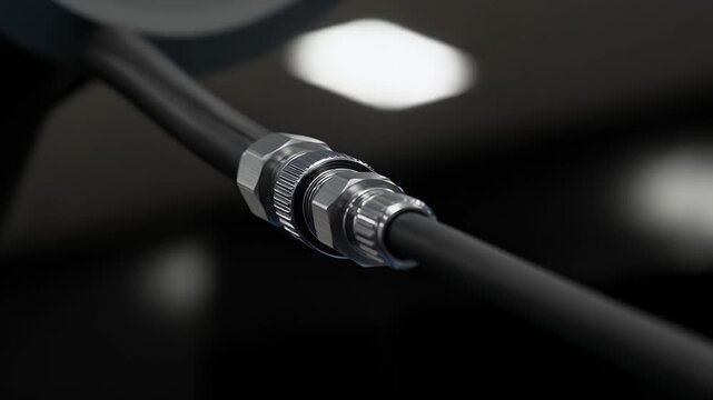 Hydraulic Hose Closeup with Shiny Metal Couplings in Industrial Setting
