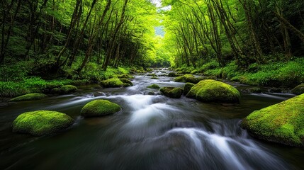 Obraz premium A serene river flows through a lush green forest, with smooth, moss-covered stones dotting the water, Ideal for nature-themed projects, relaxation imagery, or promoting eco-friendly products,