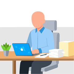Remote Work Desk Setup Illustration | Cartoon Person Using Laptop with Plant, Papers, and Notebook | Minimalist Workspace for Productivity and Focus