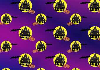 Halloween theme pattern with castle, pumpkin and bat.
