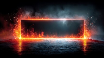 a rectangular object rests on a surface, its form sharply contrasted against the dark backdrop. the edges glow with a vivid orange hue, resembling flames engulfing its perimeter