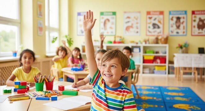 Enthusiastic young student raising hand in classroom during lesson, eagerness to learn and participate in education