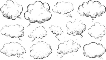 Hand Drawn Speech Bubble Set black grunge texture  Vector Illustration Doodle Text Cloud Chalk vector design on transparent background.