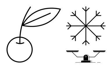 Cherry with leaf, symmetrical snowflake, and balance scale in black line art. Ideal for concepts thumbs up nature, balance, seasons, equality, harmony minimalism and winter. Simple flat metaphor