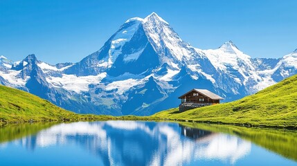A serene mountain landscape featuring a quaint cabin by a reflective lake, with snow-capped peaks under a clear blue sky, Ideal for travel blogs, nature websites