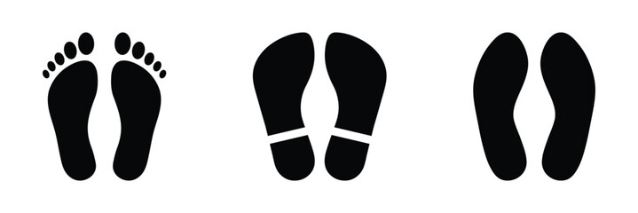 Footprint icon set. Barefoot footprints, shoe prints, adults steps, Foot print vector illustration set with shoes bare feet and boot print, Human walking footprints shoes and shoe sole.
