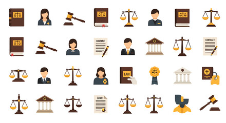 A diverse collection of flat design icons representing law justice and the legal system including gavels scales and books.