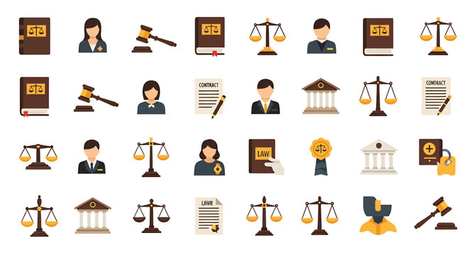 A diverse collection of flat design icons representing law justice and the legal system including gavels scales and books.
