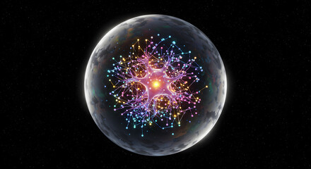 Vibrant neural network connecting across a luminous planet, symbolizing global innovation and knowledge sharing