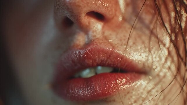Close-up of Sensual Wet Lips and Dewy Skin 