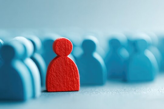 A single red figurine amongst a crowd of blue figures