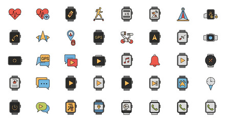 Set of colorful filled outline icons depicting smartwatch functions like health GPS and communication.